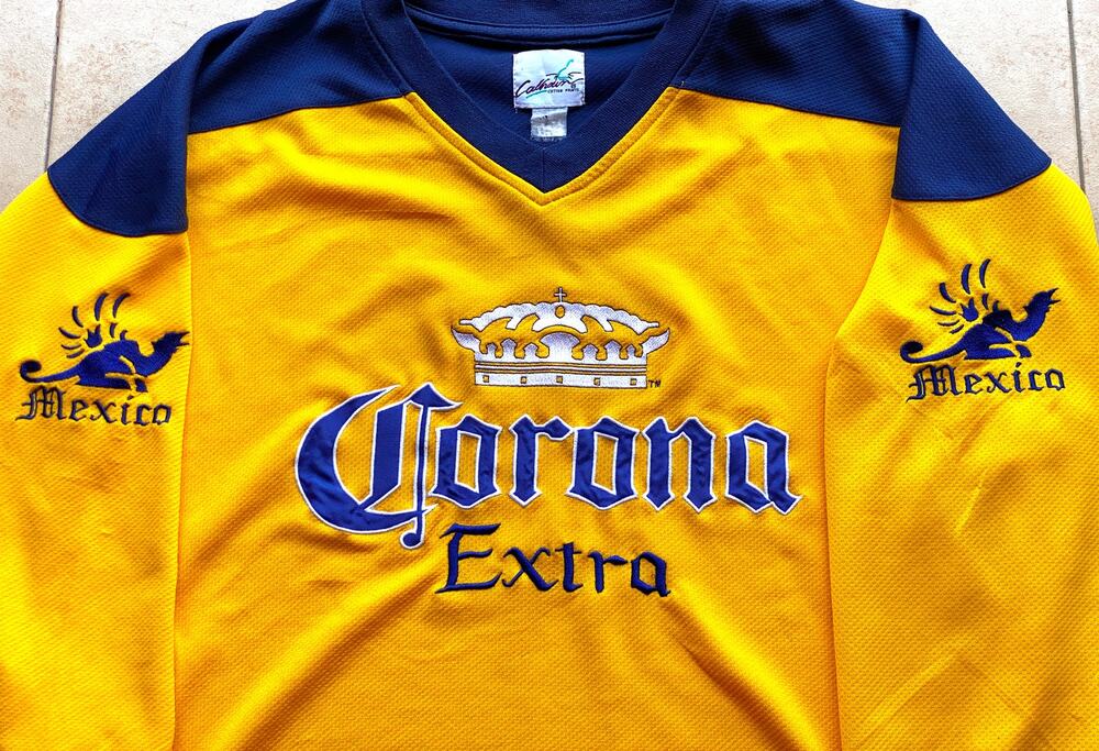 CORONA Extra Mexico 90s CALHOUN Cerveza Beer Hockey jersey XL gold navy vintage